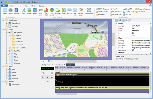 The user interface of Demorize Editor consists of four views. From left to right you see the Project view, the Screen view and the Properties view. At the bottom of the screen is the Timeline view.