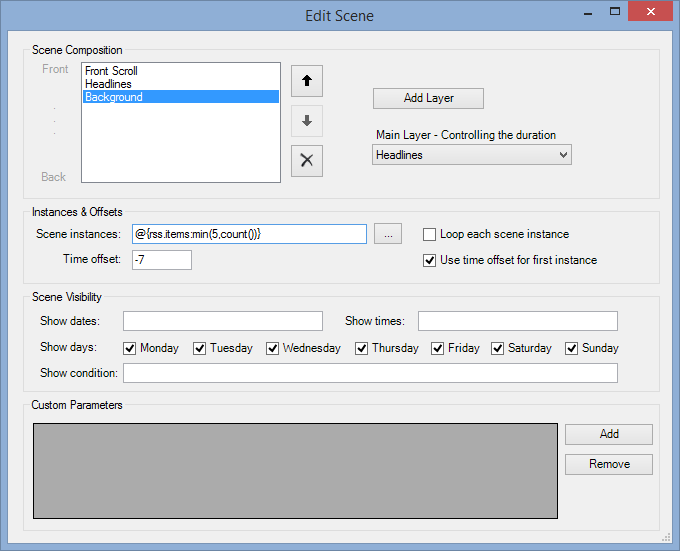 The graphical user interface for scenes allows the user to edit its parameters.