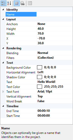 Properties for a selected text object in the layer.