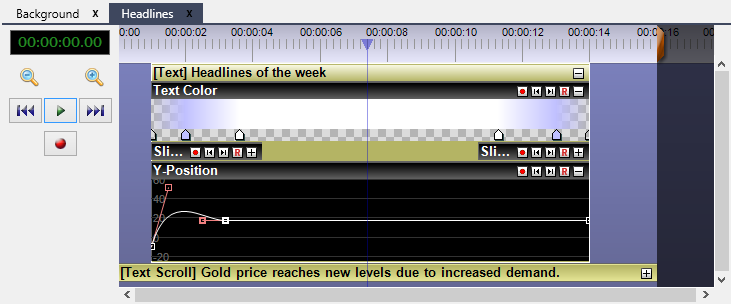 The timeline displays all the objects in a scene layer and the controllers that have been added for the objects' properties.